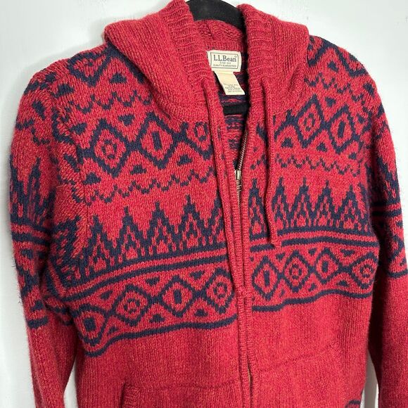 Vintage Y2K LL Bean Red & Navy Blue Wool Hooded Zip Up Sweater Size Medium - Picture 3 of 7
